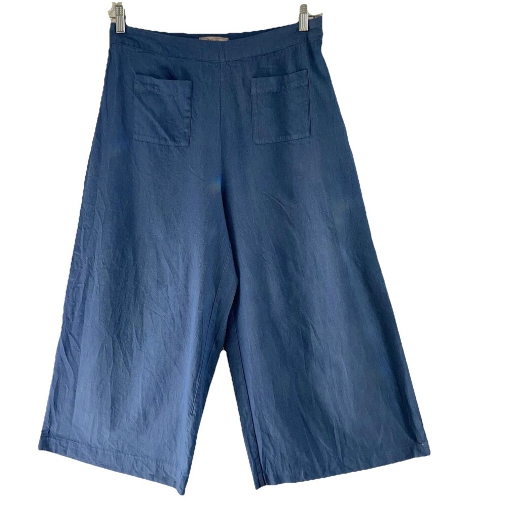 BCBG MAX AZRIA size 12 97% Cotton Solid Blue Wide Leg Pants Stretch Relaxed Fit